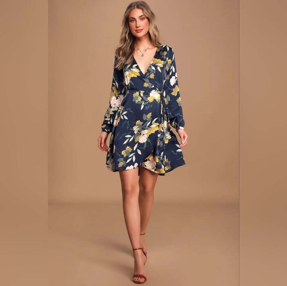 Cute Blue Dress - Floral Print Dress - Floral Wrap Dress - Lulus Large